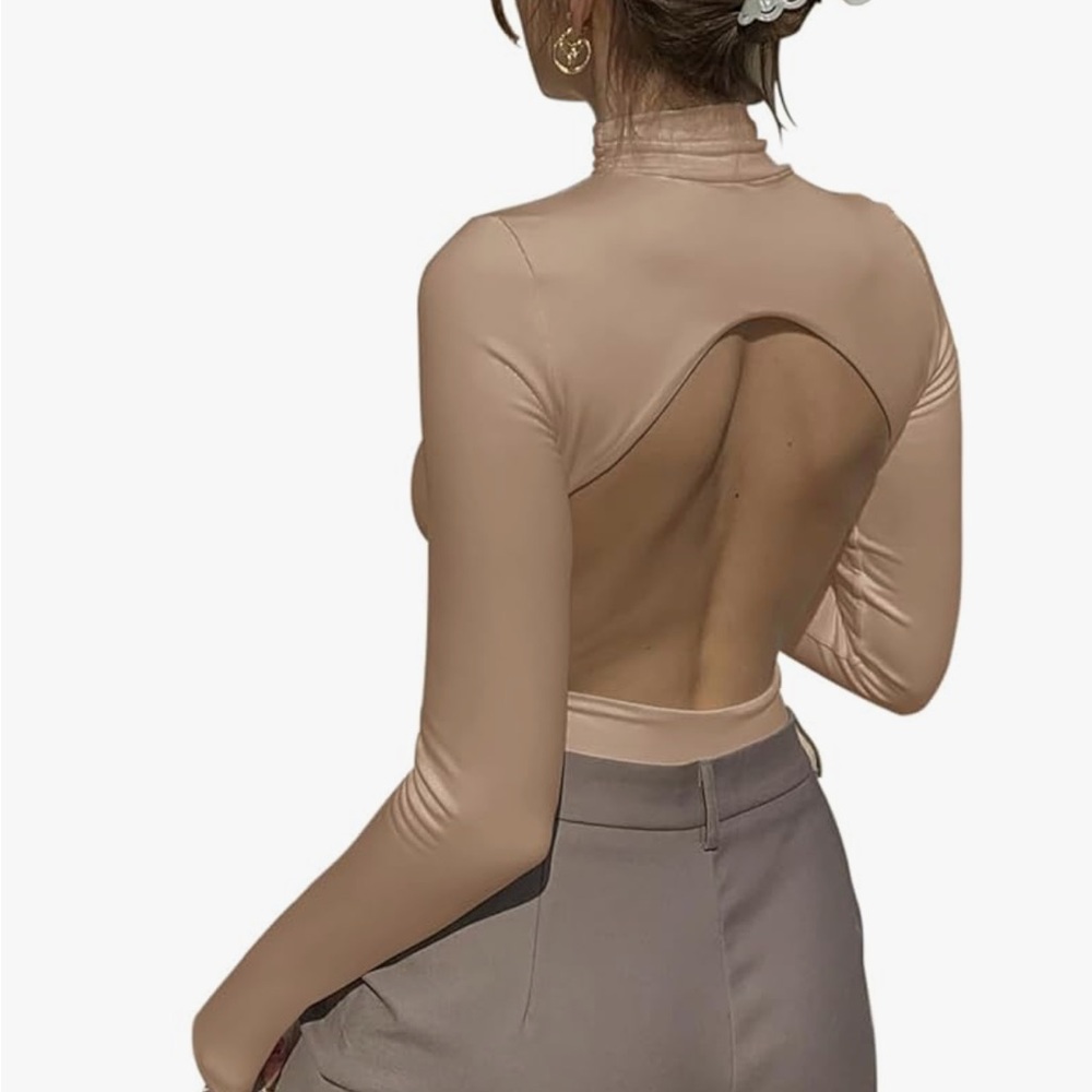Women's Sexy Mock Turtleneck Backless Long Sleeve
Slimming Bodysuit Top - Picture 3 of 7